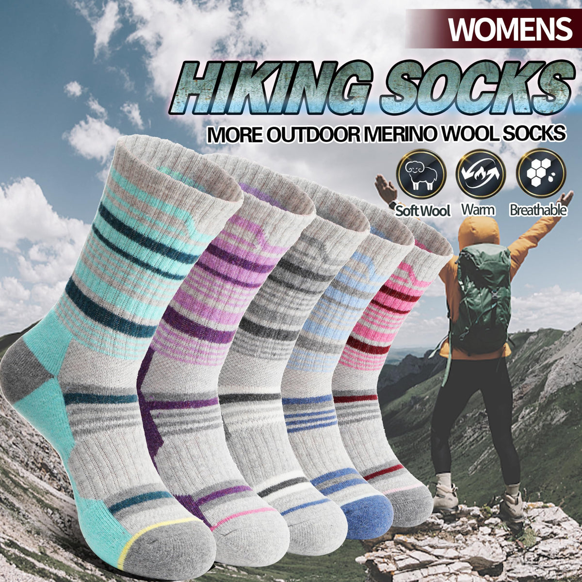 Anlisim Merino Wool Hiking Socks for Women Thermal Winter Warm Thick Work Cushion Gifts Socks 5 Pairs Stocking Stuffers(Colorful,M)
