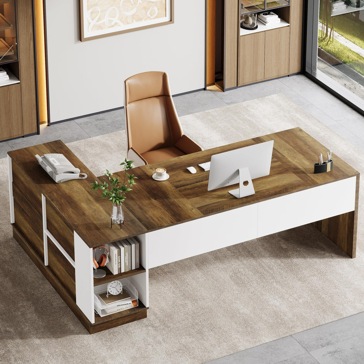Tribesigns Executive Office Desk with File Cabinet, 79-Inch Modern L-Shaped Desk, Large Computer Table with Storage Cabinet and Open Shelves, Business Table for Home Office, Brown and White