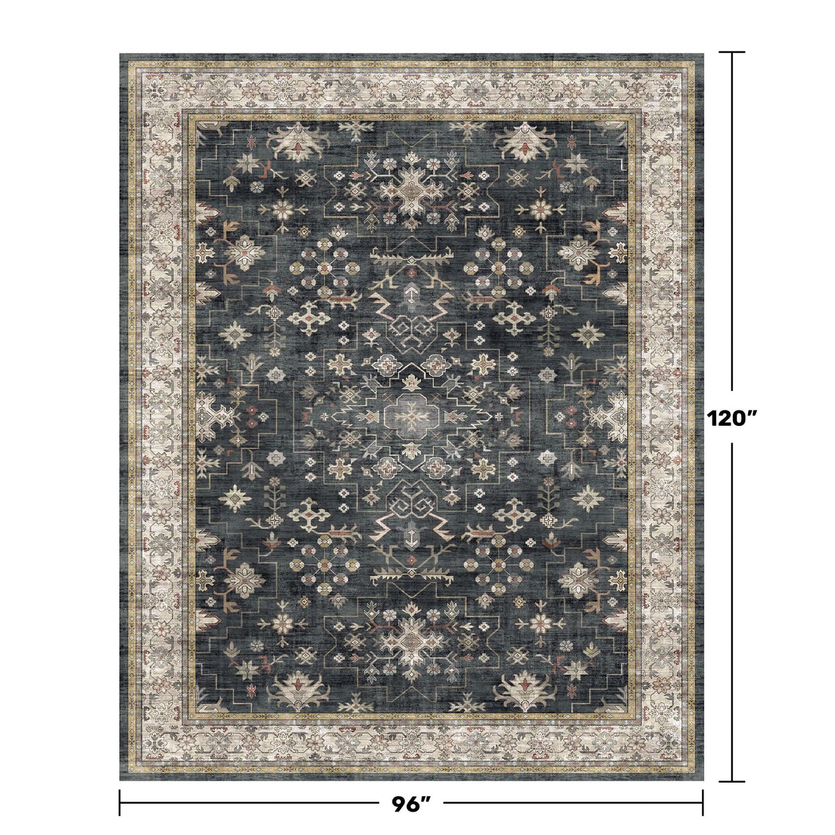 Black Farmhouse Washable 8x10 Area Rugs for Living Room, Bedroom, Dining Room Kitchen Table Rug for Under Table, Office, Dark Charcoal Tumble Stain Resistant Non-Slip Large Washable (8x10 Black/Multi)