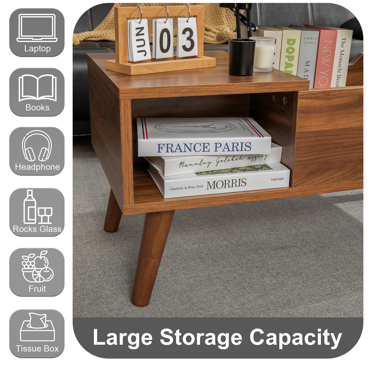 VICTORY RELAX Lift-Top Coffee Table with Hidden Storage and 2 Open Cubbies, Coffee Table with Storage for Living Room, Center Table for Living Room, Designed for Workspace and Relaxation (Natural)