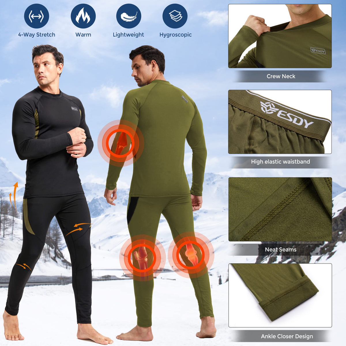 romision Men's Thermal Underwear Ultra Soft Fleece Lined Long Johns 2 Pack Sets for Cold Weather Hunting Skiing