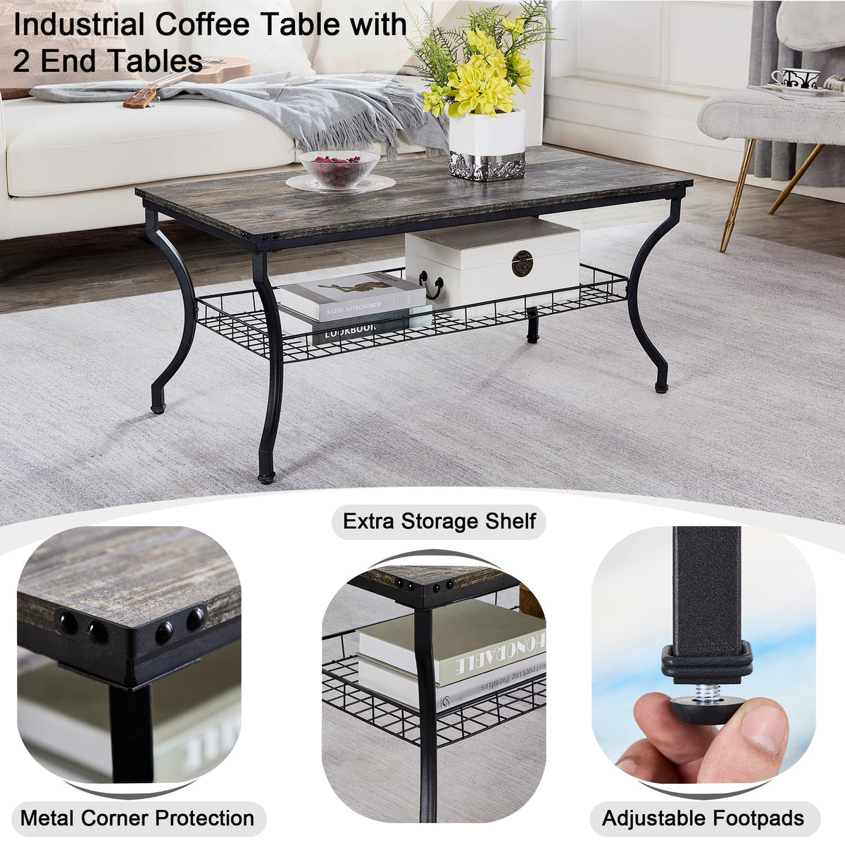 VECELO 3 Pieces Living Room Table Sets, Coffee and End Tables with Open Storage Shelves for Apartment, Home Office, Small Space, Easy Assembly, Grey Oak