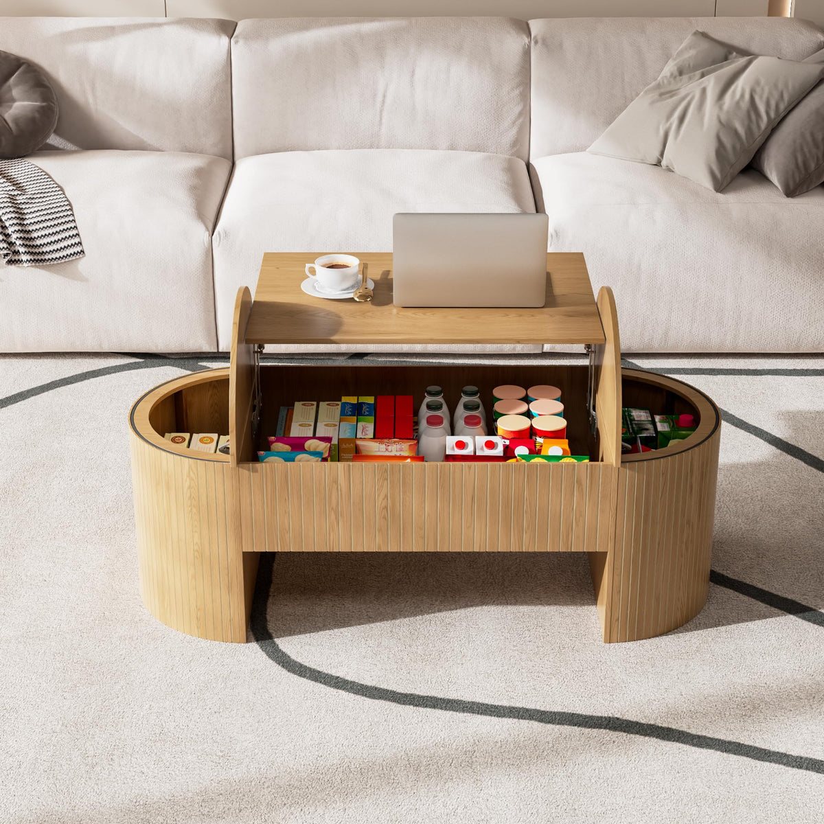 Lift Top Coffee Table with Hidden Storage Compartment, Oval Wooden Coffee Table with Lift Tabletop for Living Room, Modern Rustic Center Table for Home Office, 47 Inch (Wood)