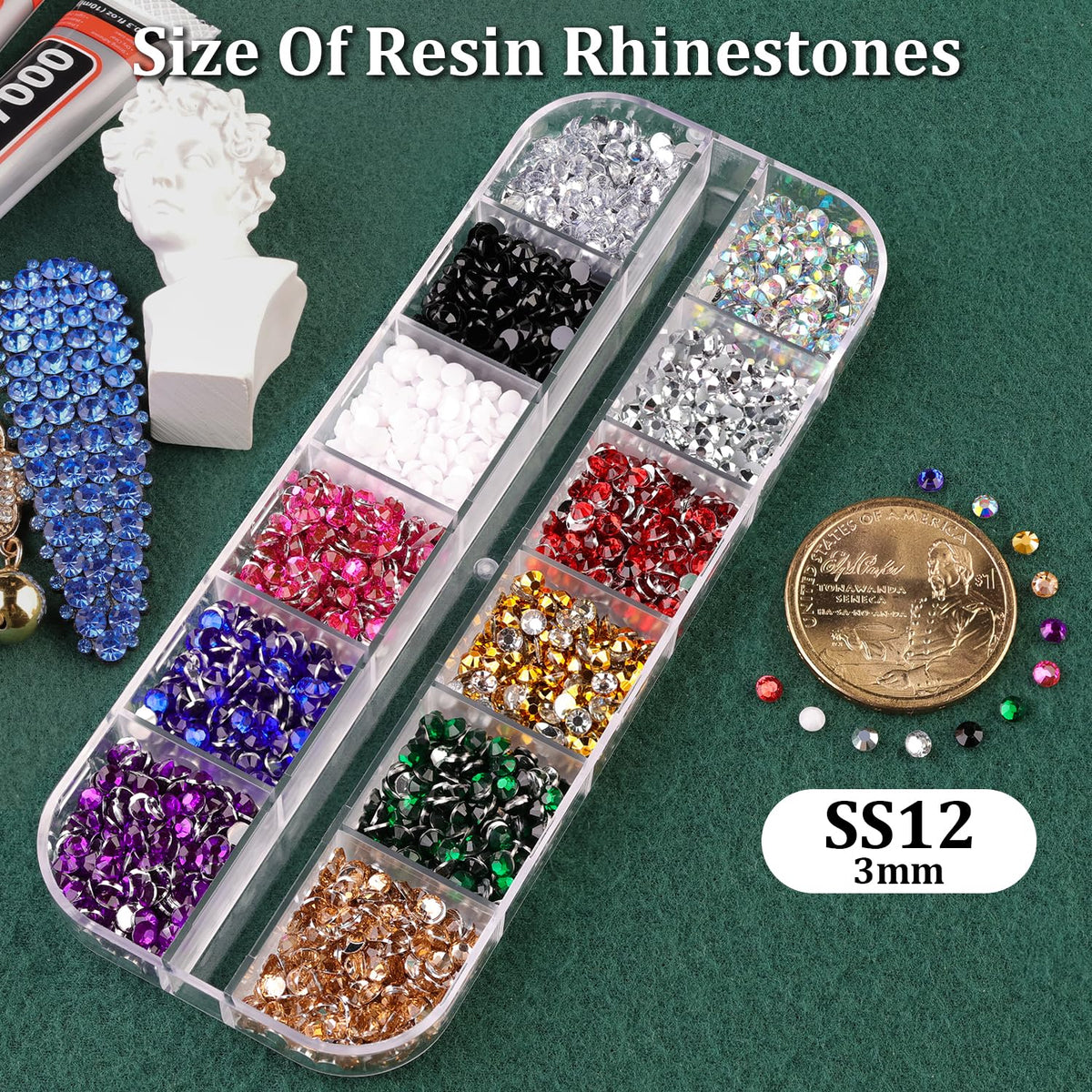 Resin Rhinestones for Crafting with B7000 Jewelry Glue, 1 Box Mix Colors 3mm Flatback Crystals with 3Pcs 10ml Glue for Bedazzling Crafts DIY Nail Art Makeup，Non Hotfix Gems for Clothing Shoes