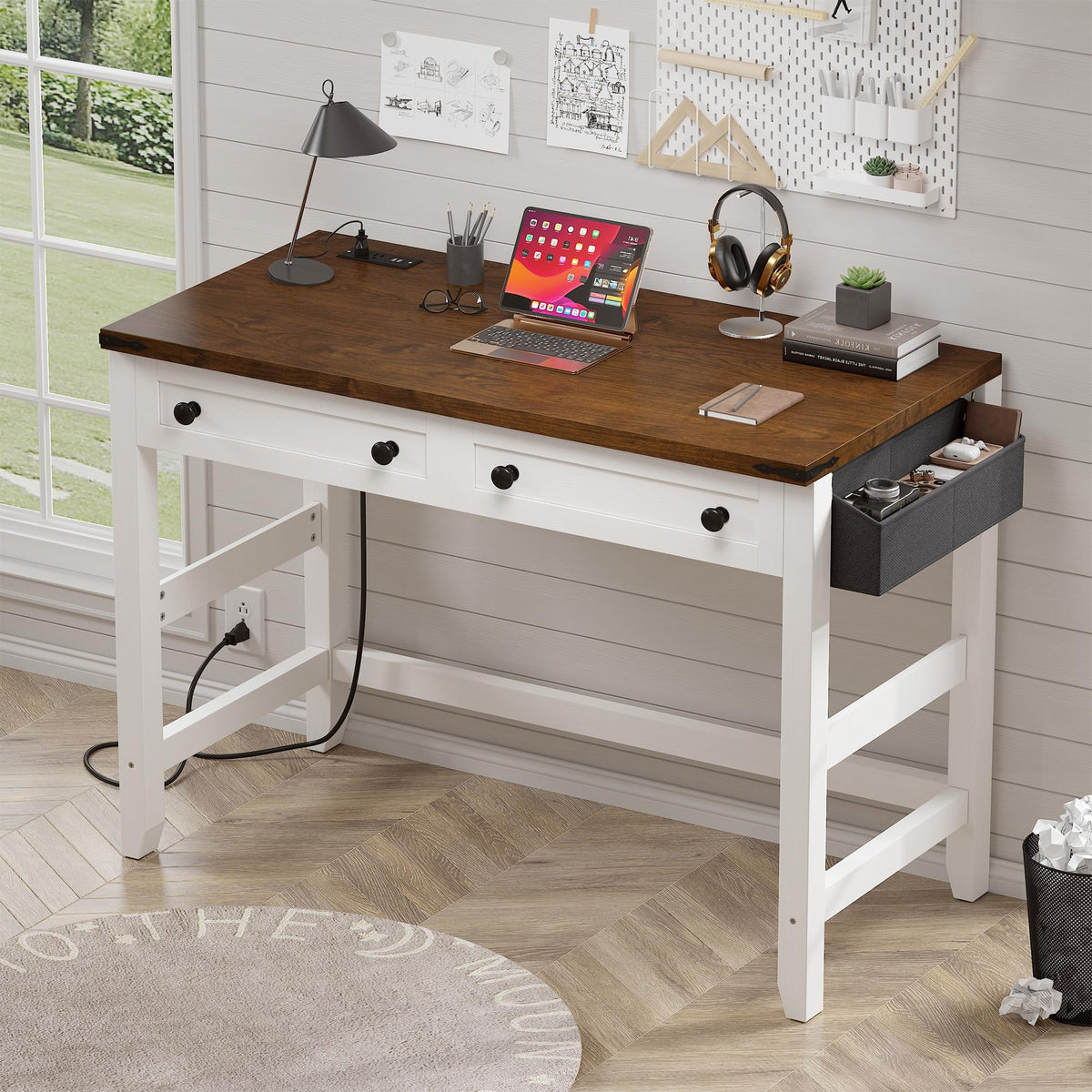 EnHomee 40" Small Desk for Bedroom, Computer Desk with Power Outlets for Home Office, Desks with Drawers and a Side Pocket, Brown+White