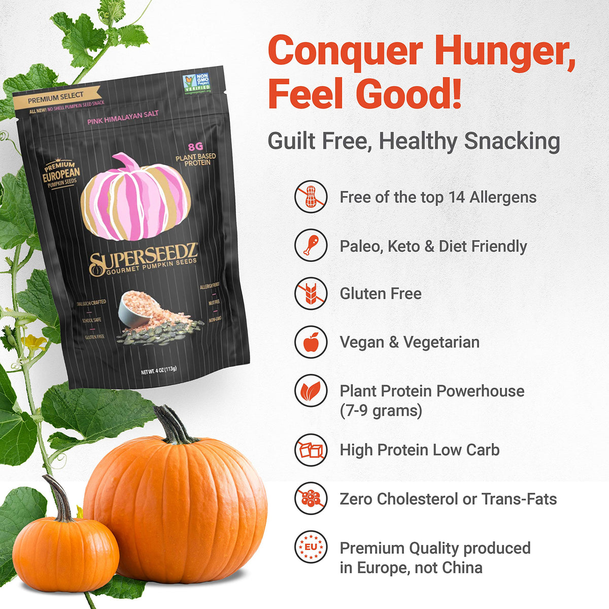 SuperSeedz Dry Roasted Pumpkin Seeds with Pink Himalayan Sea Salt - Pepitas, Whole 30, Vegan, Keto, 7g Plant Based Protein, Produced in USA, Nut Free, Fresh Gluten Free Snack (4oz, 6-pack)
