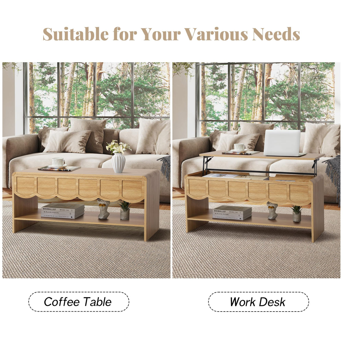 Lift Top Coffee Table with Hidden Compartment, 2 Tier Wooden Center Table with Wave Panel, Modern Lift Tabletop for Home Living Room Office, Natural