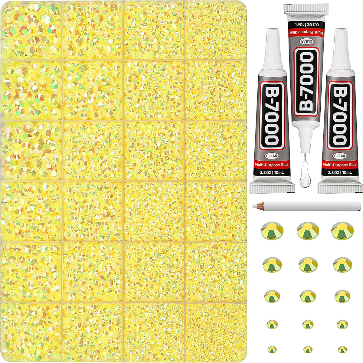 30000Pcs Resin Jelly Rhinestones Set for Crafting Bedazzling, Yellow AB Flatback Gems Jewels for Crafts Clothes Shoes Fabric Outfit Nails Makeup, Flat Back Crystal 2-6mm with b 7000 Glue