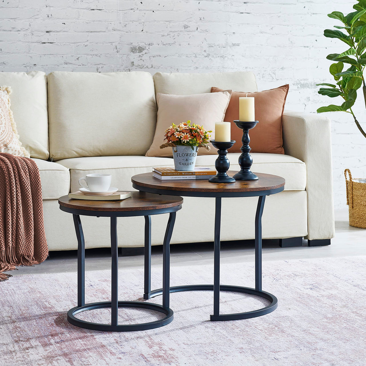 Hoctieon Nesting Coffee Tables, Round Nesting Tables Set of 2, End Tables, Stacking Nesting Tables for Living Room, Circle Coffee Tables, Side Tables Wooden Table Top, Rustic Brown
