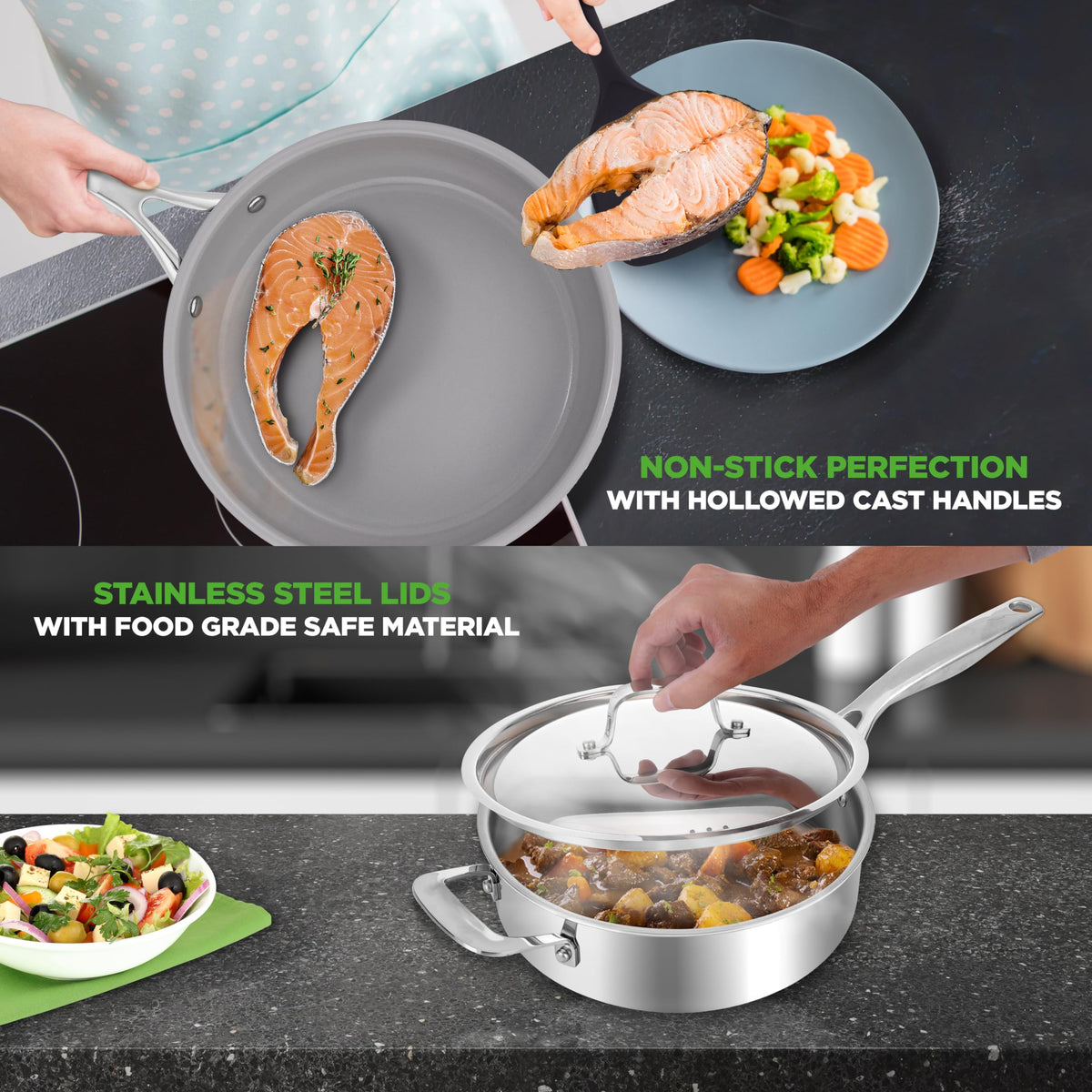 NutriChef 12-Piece Stainless Steel Kitchenware - Pots & Pans Set Clad Kitchen Cookware w/Steel Handles,Fry Pan Interior Coated w/Prestige Ceramic Non-Stick Coating,Stylish Kitchen Cookware, NCSSX45