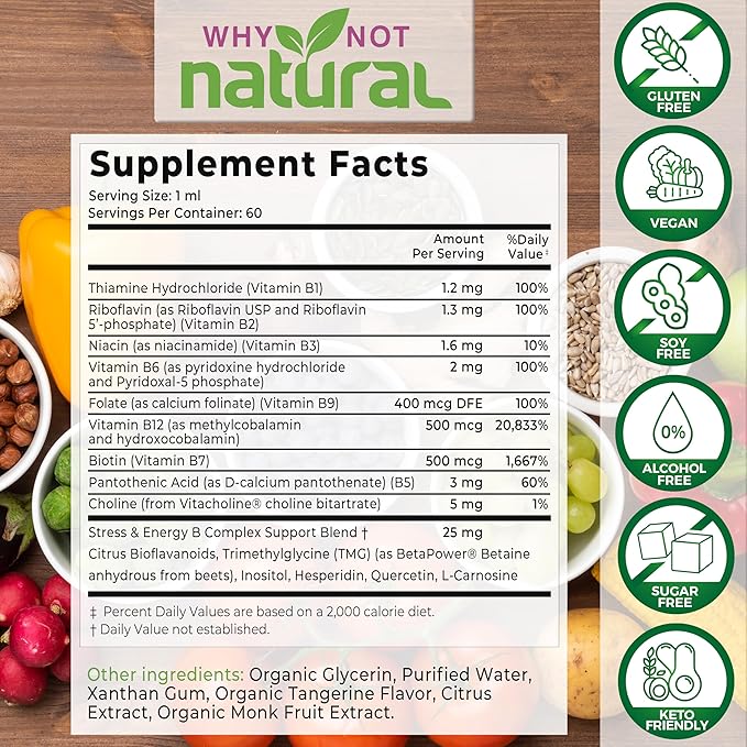 Why Not Natural Vitamin B Complex Liquid Drops - Organic Supplement for Women - Vegan and Sublingual Forms of B1 B2 B3 B5 B6 Biotin Folate and Choline - Plus Blend for Energy Support
