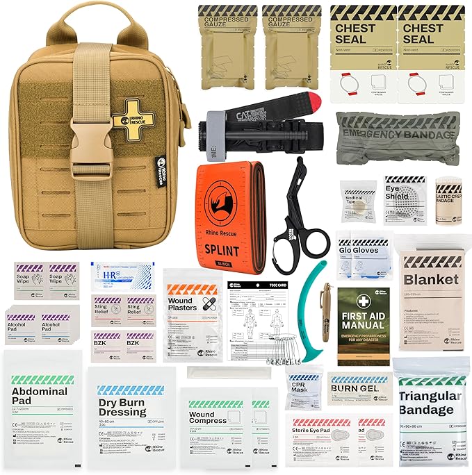 RHINO RESCUE IFAK Trauma Kit with Tourniquet, Tactical First Aid Kit Molle Pouch for Military, Combat, Car, Camping, Hiking, Travel， FSA HSA Eligible (Coyote Brown)