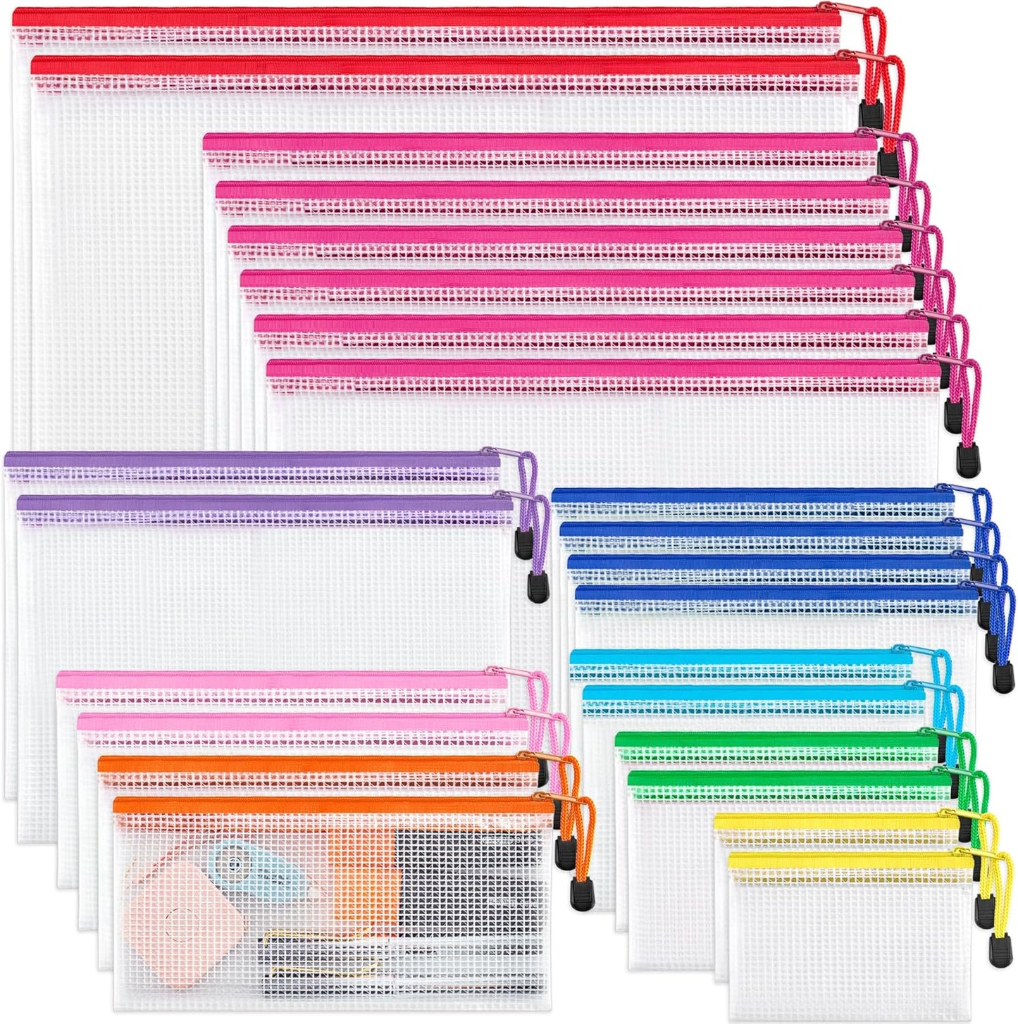 JARLINK 24 Pack 8 Sizes Mesh Pouch, 9 Colors, Waterproof Zipper File Bags Document Multipurpose Travel Bags for Office, School, Board Game, Puzzles, Cosmetics, Travel Accessories, and Home Organize