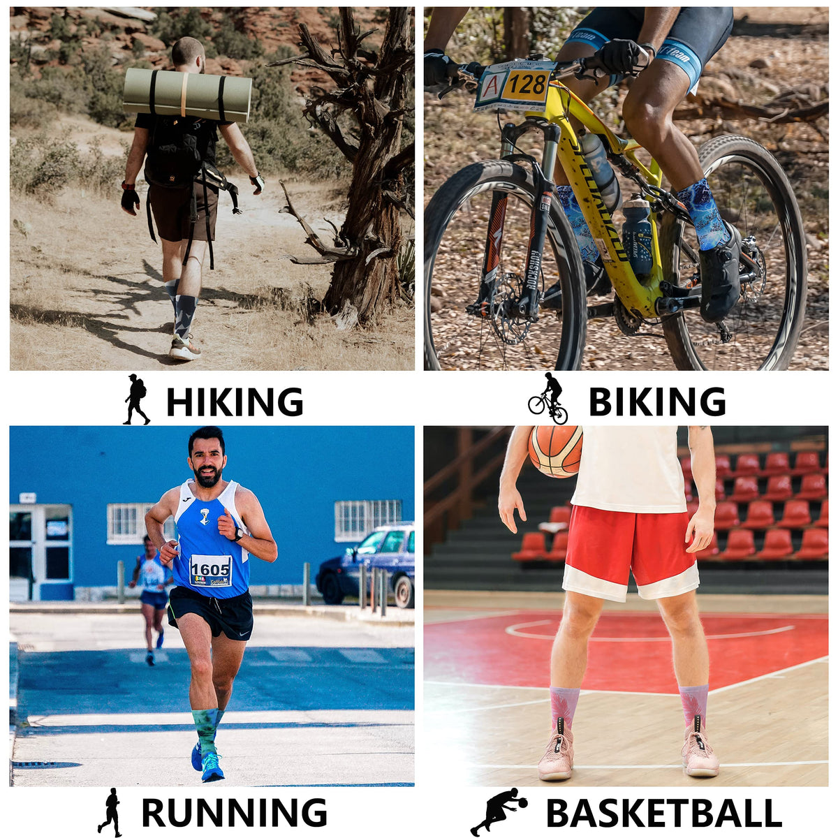 HUSO Cycling Socks, Men's Women's Cool Crazy Floral Crew Mid Calf Novelty Outdoor Hiking Mountain Biking Socks 4 Pairs (Multicolor, L/XL)