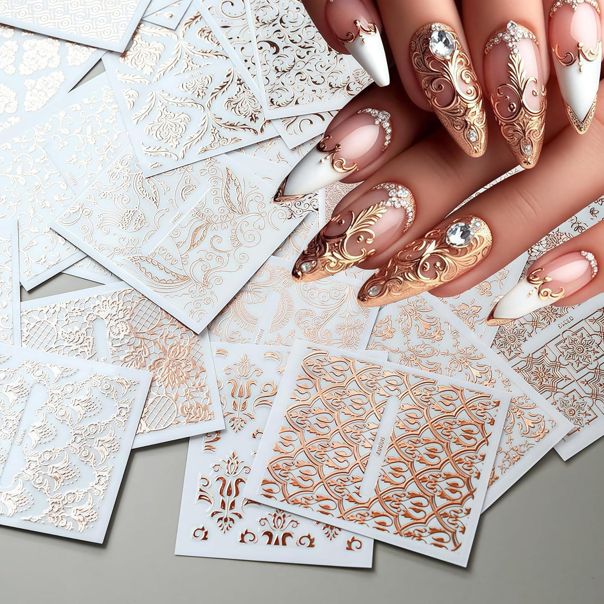 30 Sheets Lace Flower Nail Art Sticker 3D Self-Adhesive Hollow Rose Golden Lace Floral Vine Decals Irregular Geometric Manicure Sliders for Spring Summer Women Acrylic Nail Decorations
