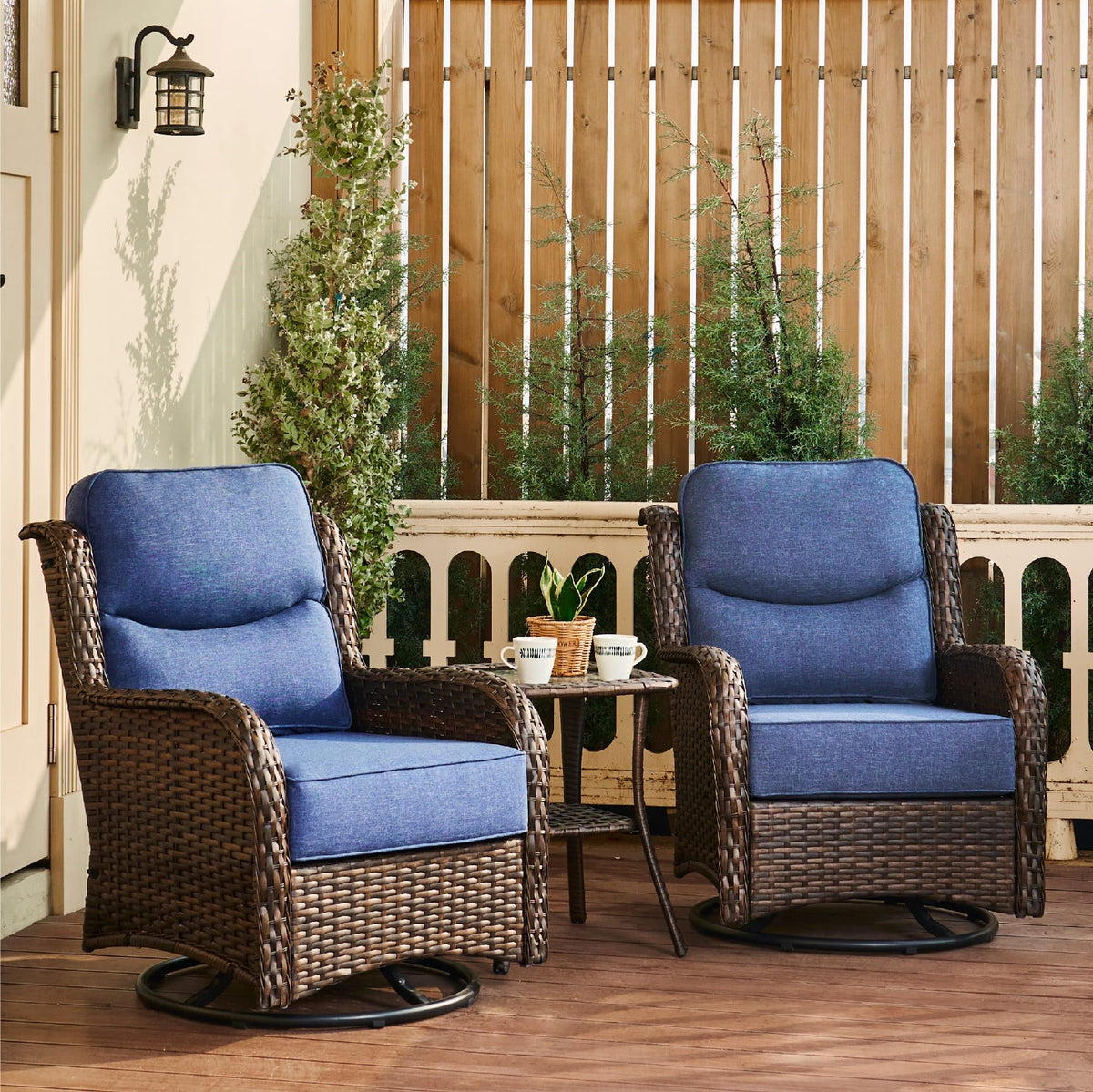 HILLGA Luxury Outdoor Swivel Rocker Patio Chairs of 2 with 6 Inch Thick Cushions and Side Table, Swivel Outdoor Chairs 3PCS High Back Wicker Patio Furniture Set for Porch, Balcony, Deck in Blue