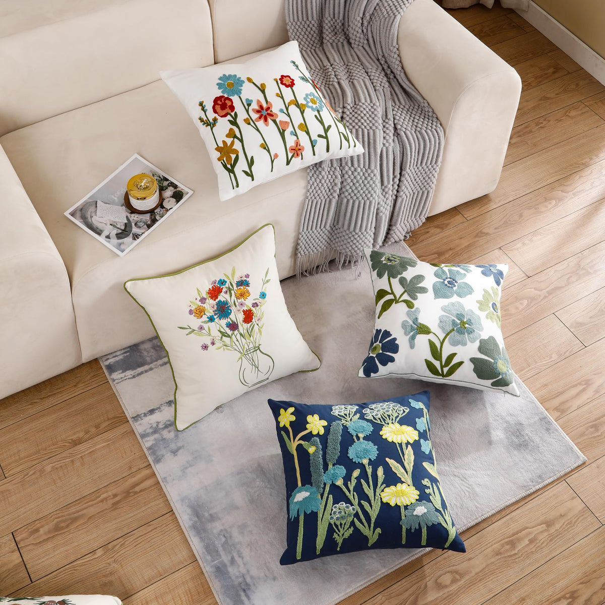 Tosleo Embroidered Throw Pillow Covers 18x18 inch Pack of 2 Blue Blossoms Spring Decorative Pillowcases Farmhouse Coastal Pillow Cushion Cases Home Decor Square Floral Pillow Case