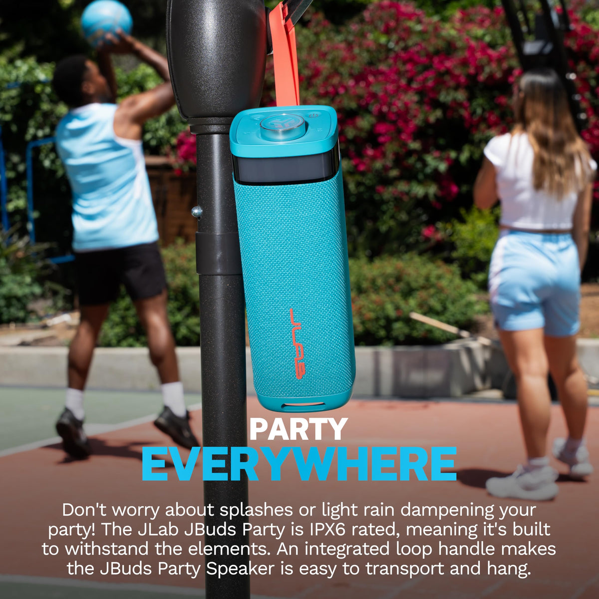 JLab JBuds Party Portable Bluetooth Speaker, 2 Full-Range Drivers + 2 Passive Woofers, IPX6 Waterproof, 12 Hours Playtime, Connect Multiple Speakers, Custom Sound + RGB Lighting via App, Cyan