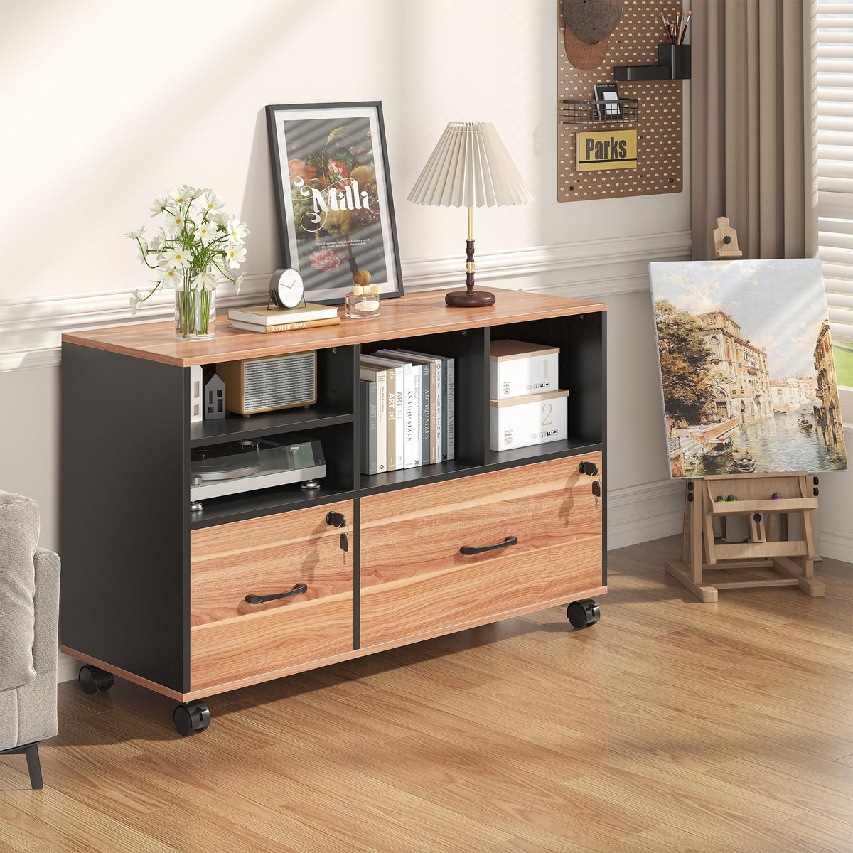 Nosepen 2 Drawer Wood Mobile Large Lateral File Cabinet with Lock, Lockable Rolling Filing Cabinet with Storage Shelves, Printer Stand Office Storage Cabinet for Home Office Fits Files Legal/A4