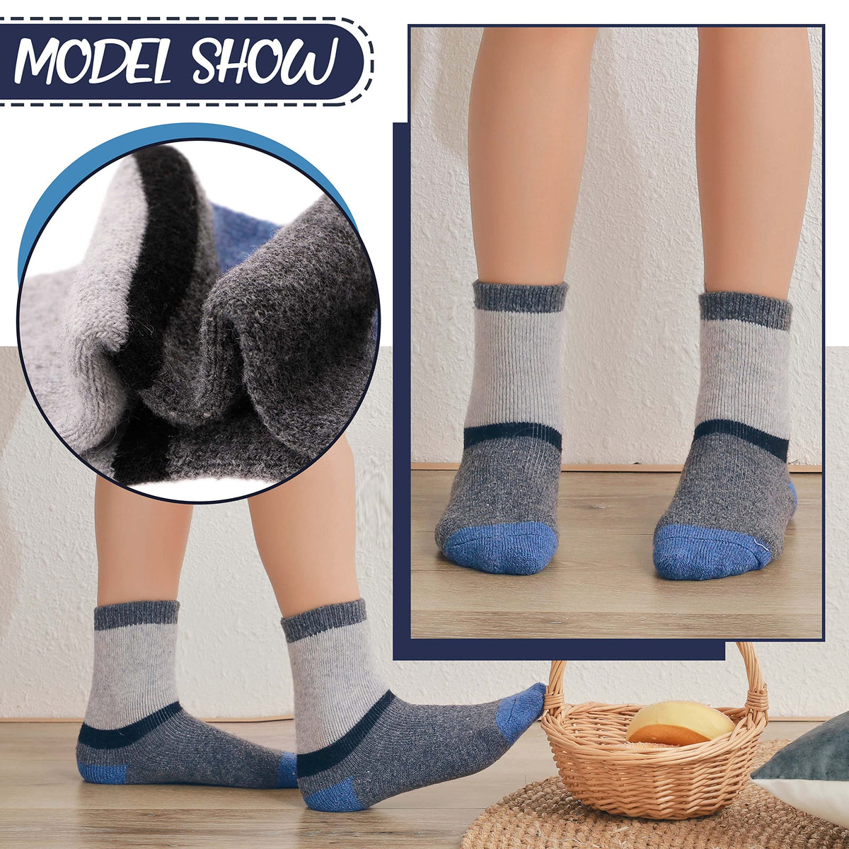 EBMORE Kids Merino Wool Socks for Toddlers Boys Girls Warm Thermal Winter Thick Hiking Heavy Cozy Crew Boot Socks 6 Pairs （Color Block,1-3 Y
