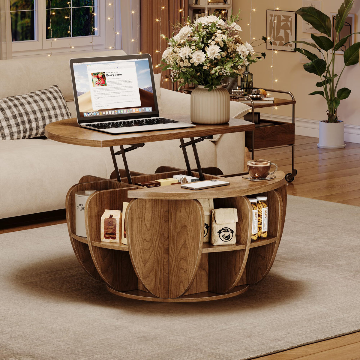 32.7" Lift Top Coffee Table with Storage, Wood Round Center Table with Hidden Storage Compartment & Shelves, Mid Century Modern Coffee Tables for Living Room Rustic Accent Small Center Table