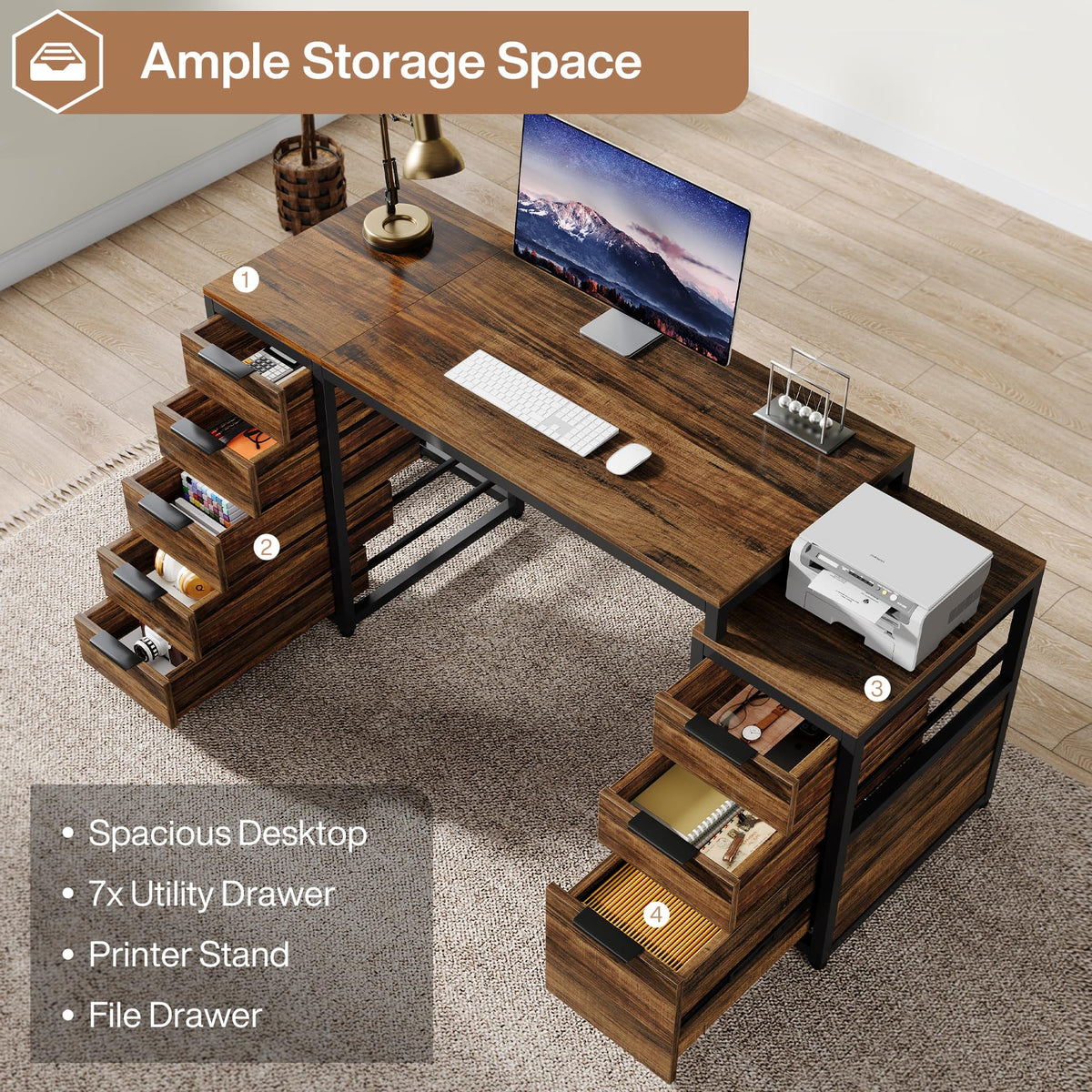 Tribesigns Computer Desk with 8 Drawers, 63" Office Desk with Reversible File Cabinet and Storage Drawers, Industrial PC Desk Study Writing Table Workstation for Home Office, Rustic Brown