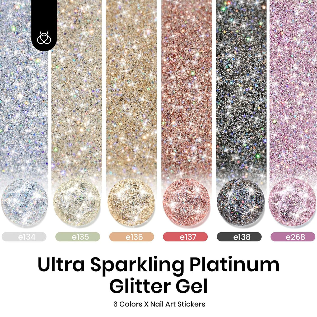 beetles Glitter Gel Polish - Diamond Shine 6 Colors Reflective Sparkle Gel Set, Silver Black Pink Gold Holographic Glitter Polish, with Nail Art Stickers Soak off Uv LED Manicure Gifts for Women