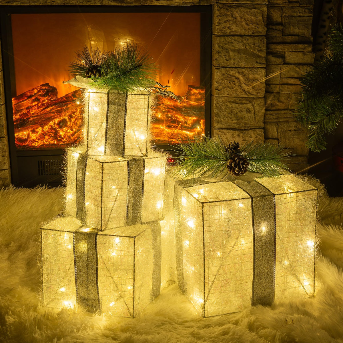 Hourleey Set of 4 Christmas Lighted Gift Boxes, 3FT Pre-lit 70 LED Stackable Light Up Present Boxes Ornament, Xmas Tinsel Boxes Decorations for Indoor Outdoor Home Yard Lawn Décor