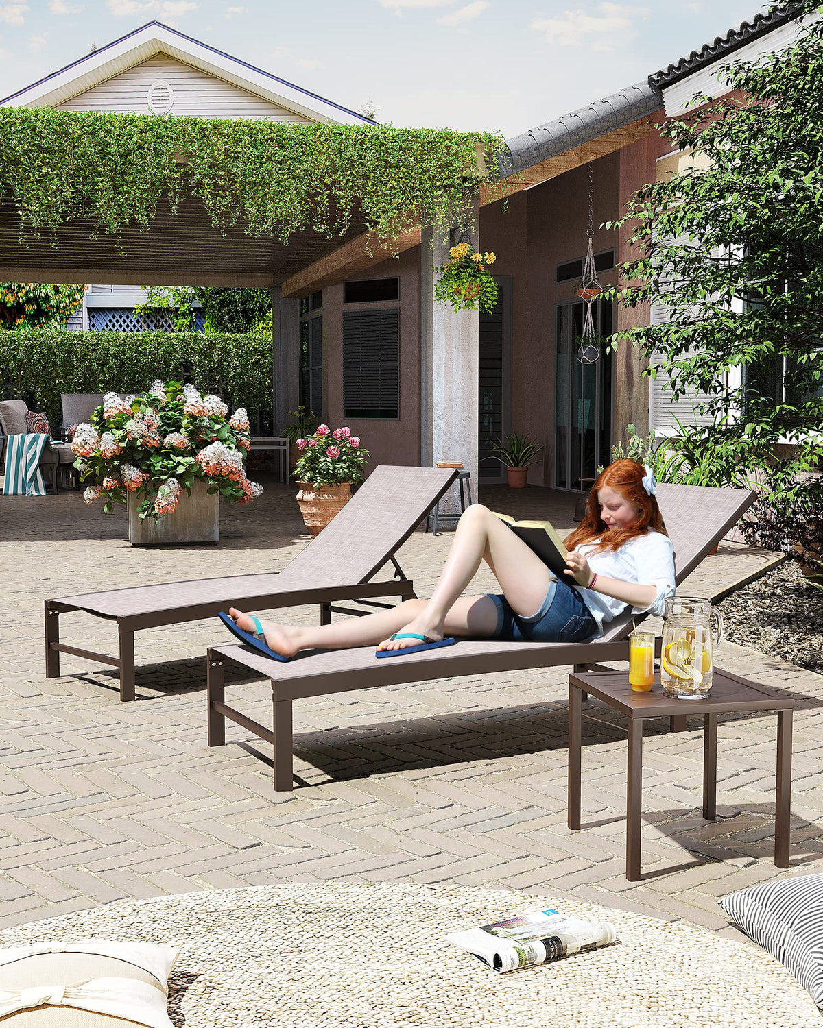 Crestlive Products 2PCS Chaise Lounge Chairs Outdoor with 1PC Side Table, Aluminum Patio Lounge Set, Adjustable Five-Position Recliner for Beach, Pool, Sunbathing, Lawn, Yard