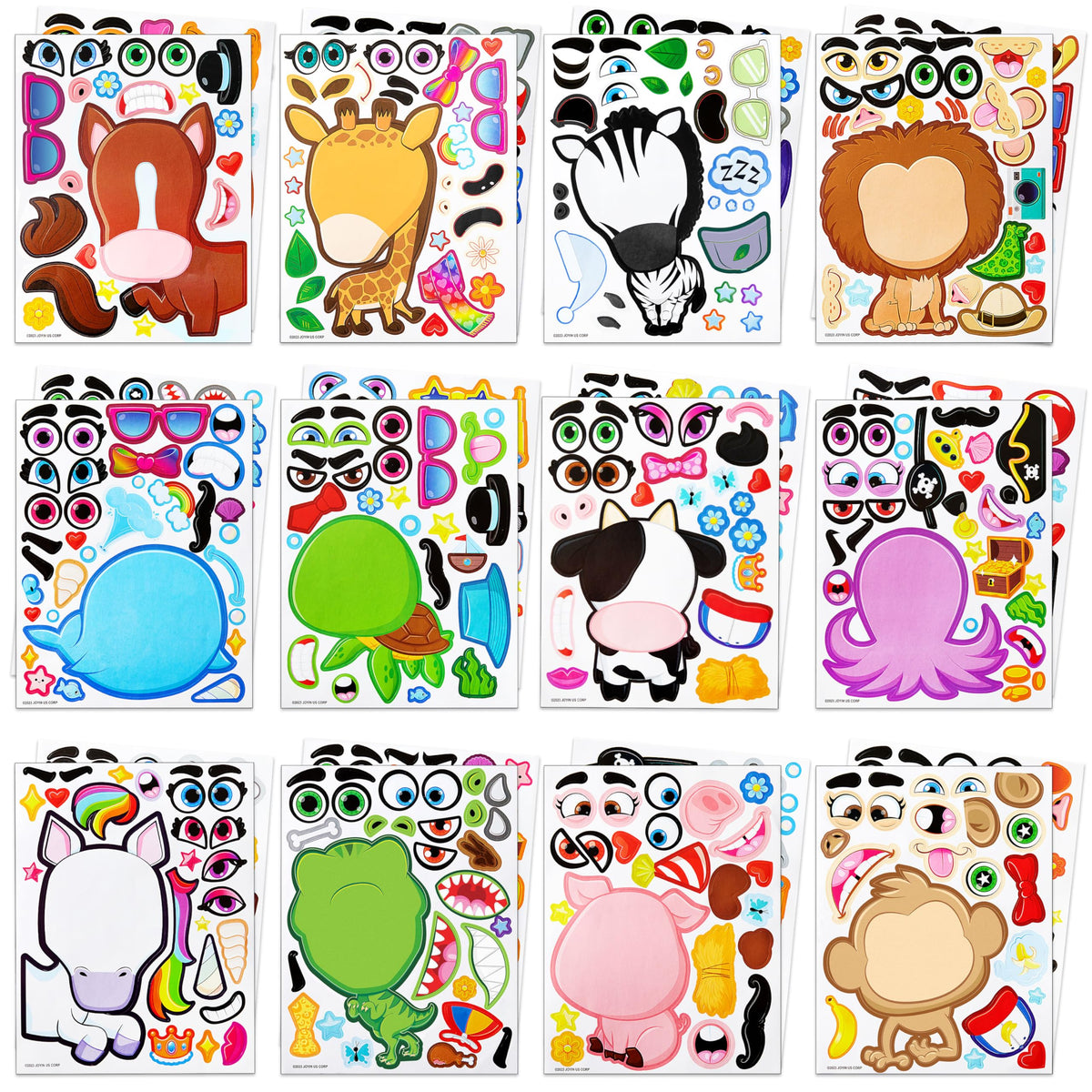 JOYIN 24PCS 9"x6" Make a face Stickers for Kids, Make Your Own Stickers, Mix and Match with Safaris Sea Farm and Dinosaur Animals, Party Favors Kids Crafts, Goodie Bags Stuffers