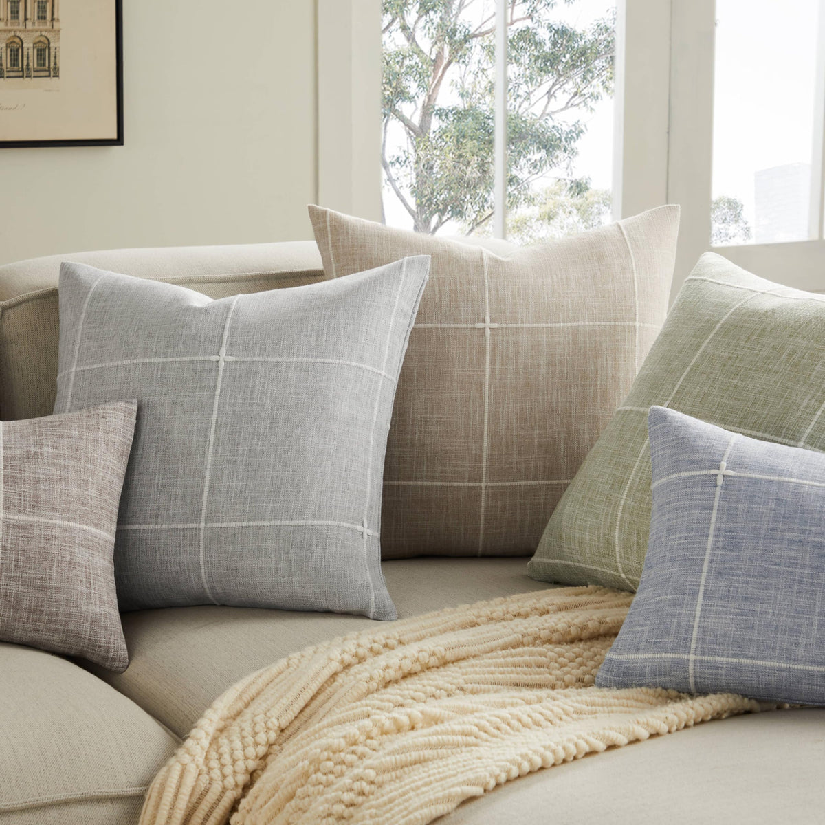 YZJZEDS 2 Packs Grid Embroidery Throw Pillow Covers, 20x20 Inch Green, Farmhouse Cotton Linen Decorative Sage Green Cushion Covers for Sofa Bed Living Room Home Decor