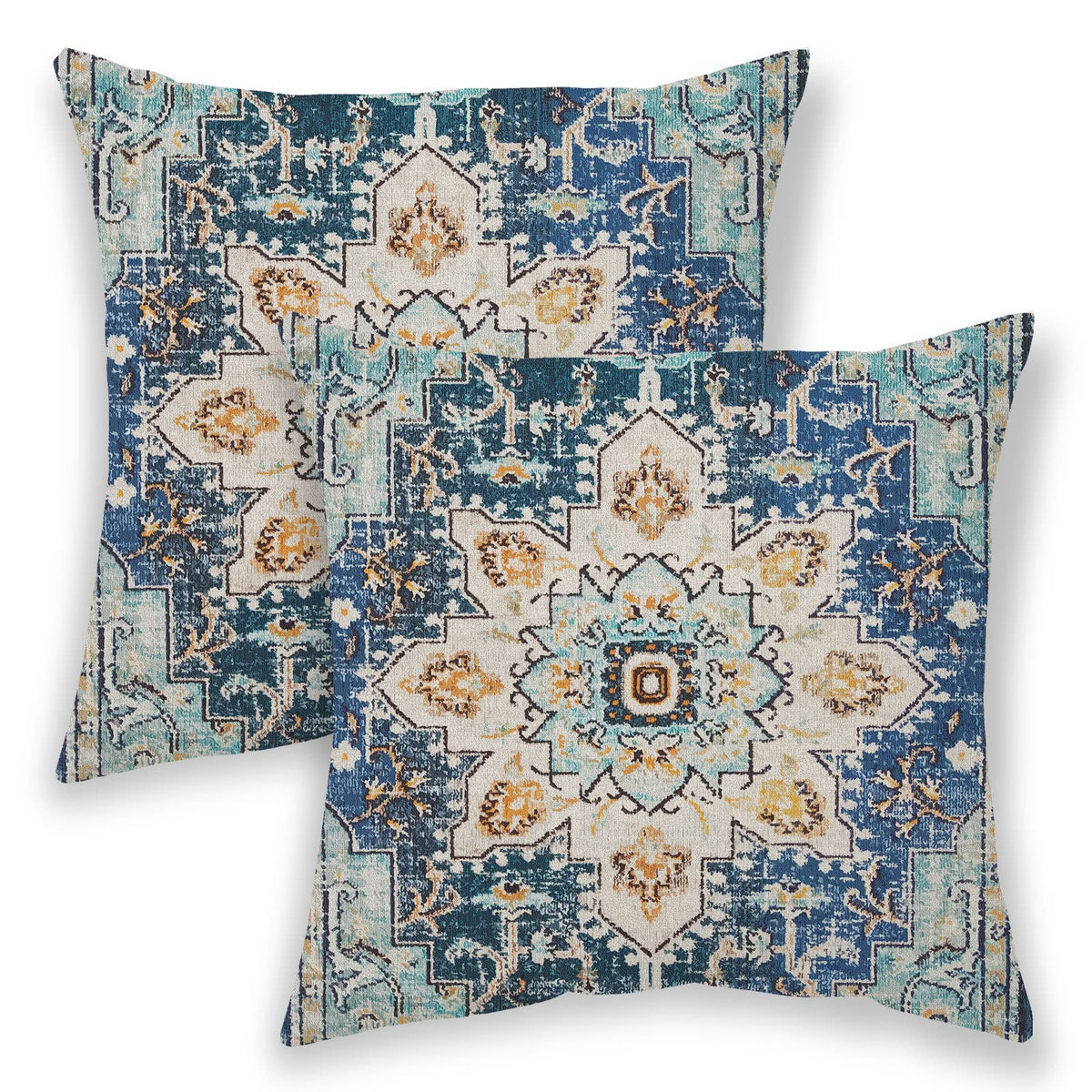 BETGINY Boho Pillow Covers 18x18, Blue and Teal Ethnic Design Outdoor Decorative Throw Pillows for Couch, Carpet Pattern Decor Cushion Cover 2 Pcs Farmhouse Linen Pillowcase for Bed Car Safa