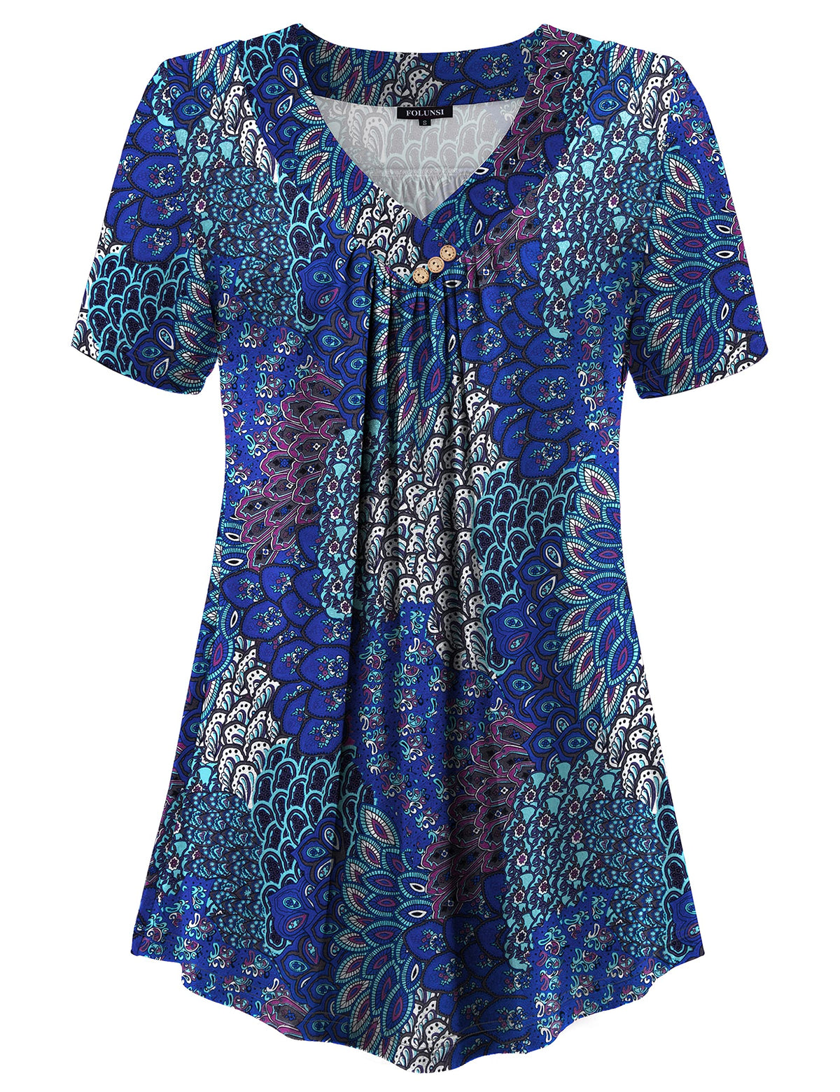 FOLUNSI Plus Size Tunic Tops for Women Loose Fit Pleated Front Flowy Shirt Blouses Peacock Print, XL