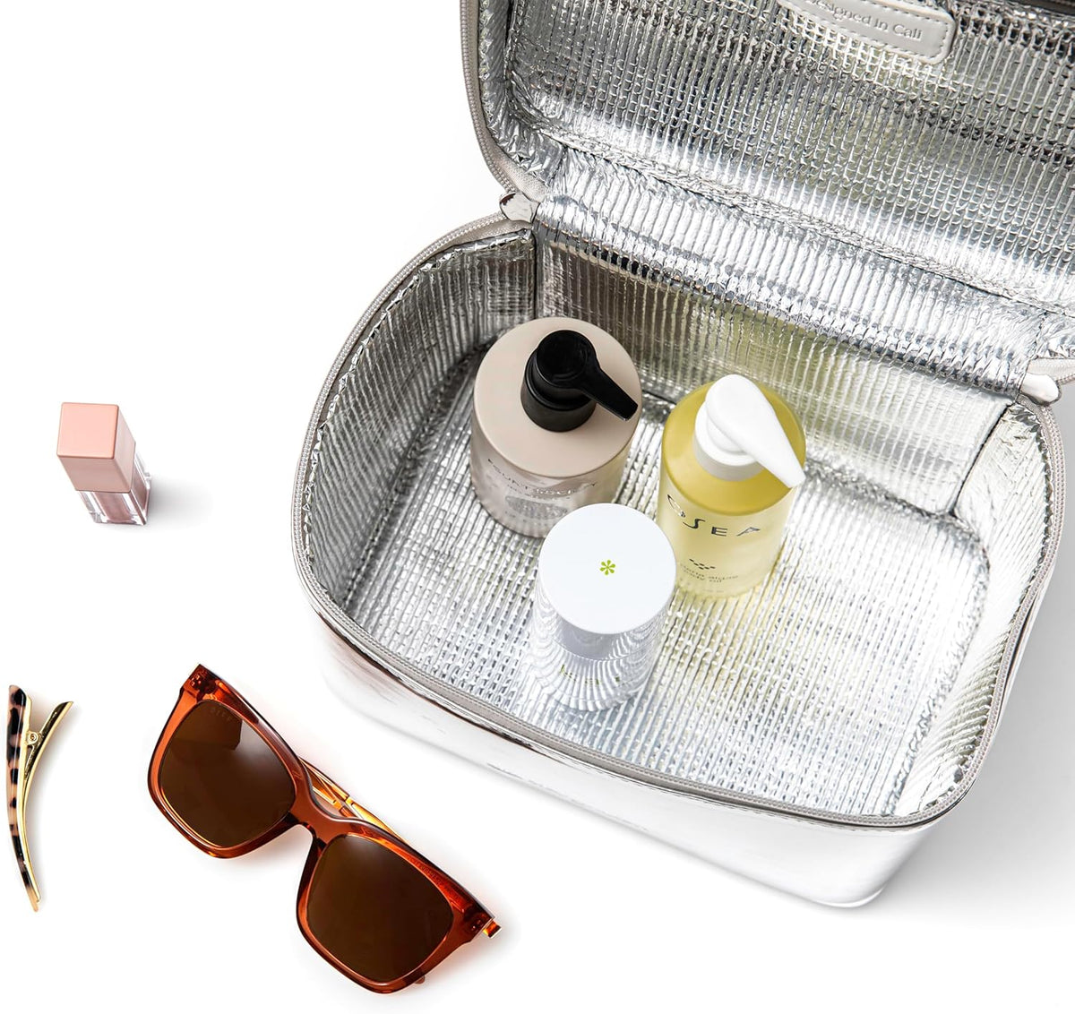 Large Insulated Metallic Silver Travel Makeup Case - Waterproof Vegan Leather Beauty Travel Skincare Bag - Heat-Resistant Zippered Designer Makeup Bag Shields Cosmetics from Melting, Freezing