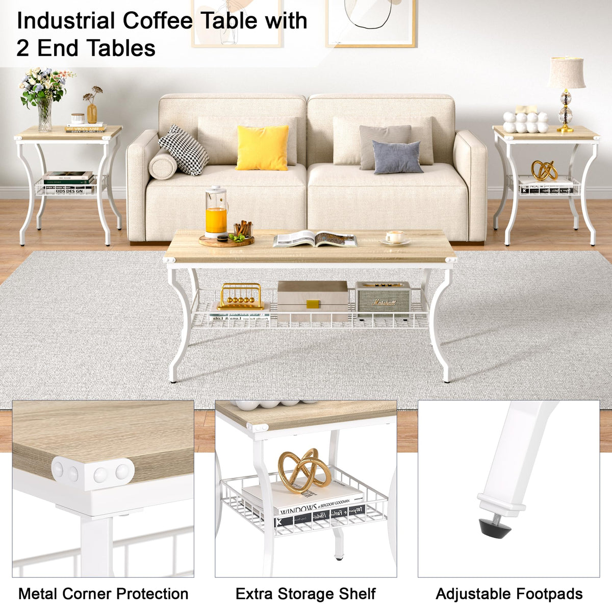 VECELO 3 Pieces Living Room Table Sets, Coffee and End Tables with Open Storage Shelves for Apartment, Home Office, Small Space, Easy Assembly, White Oak