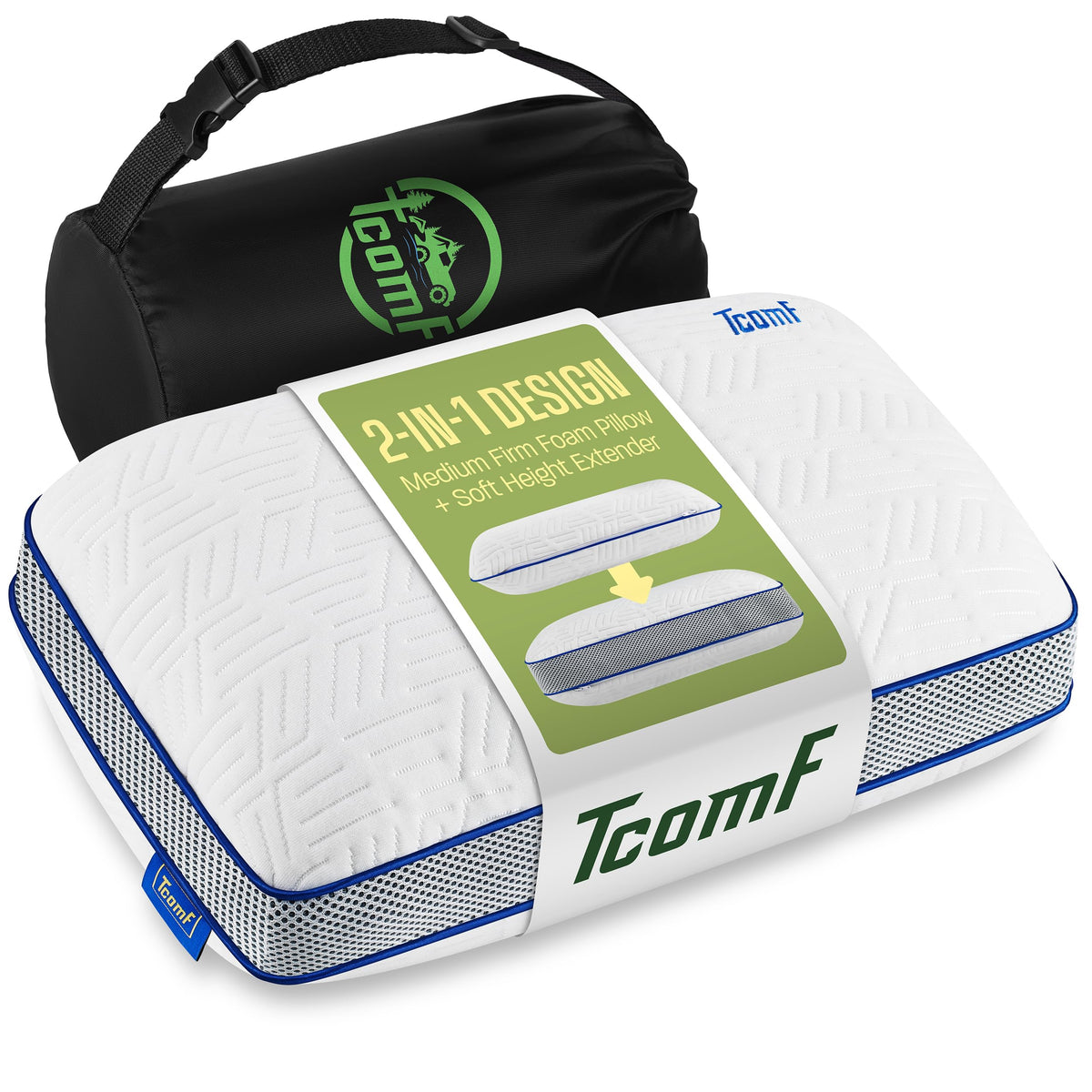 TCOMF Camping Pillow: Dual Cover, Memory Foam Travel Pillow, Medium Firm Camp Pillow, Camping Pillows for Sleeping, 5 Layers for Support, Small Travel Pillow,Small Portable Pillow 10x16 Inches (White)