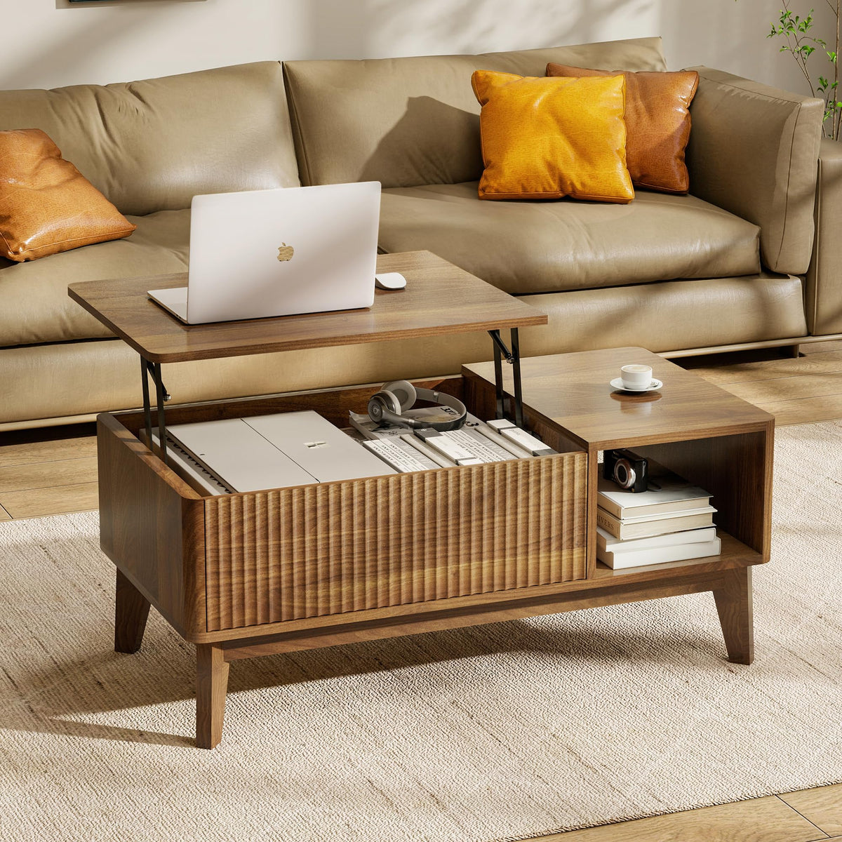 LYNCOHOME Fluted Coffee Table with Hidden Compartment, Wood Lift Top Coffee Tables, Modern Center Table for Living Room, Home Office（Walnut）