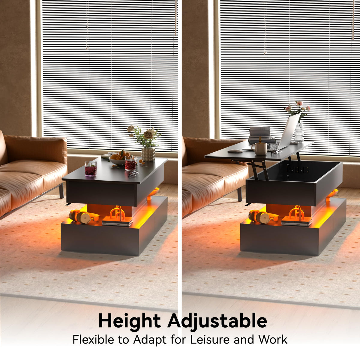 Oransail 40" Lift Top Coffee Table with 3 Fabric Storage Drawers and Hidden Compartmen, LED Coffee Table, Farmhouse Coffee Tables for Living Room, Dining Room