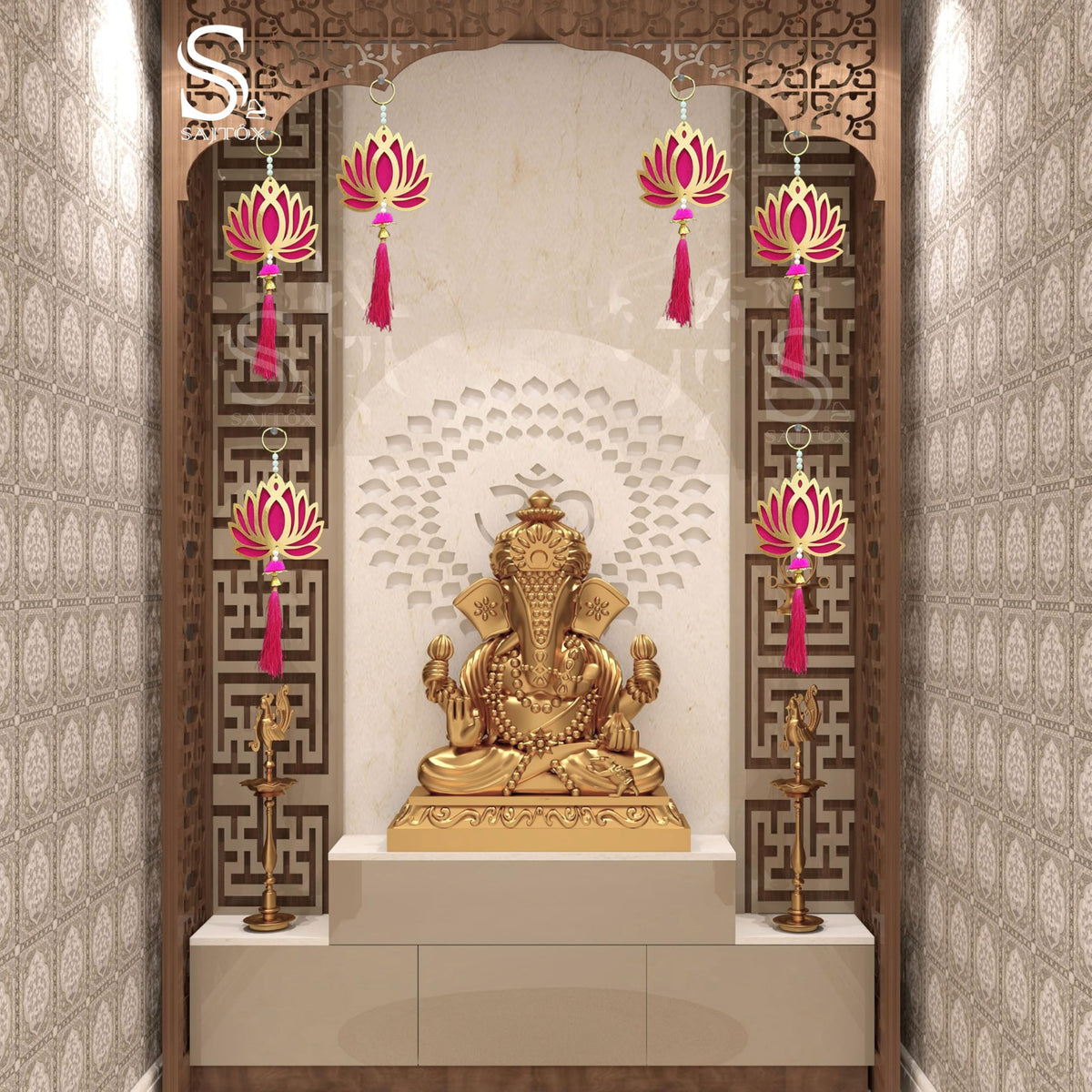 Lotus Hangings for Decoration MDF Floral Wall Hangings for Fastive Decor Temple Pooja Room Gift Ready Packaging (Pack of 6)
