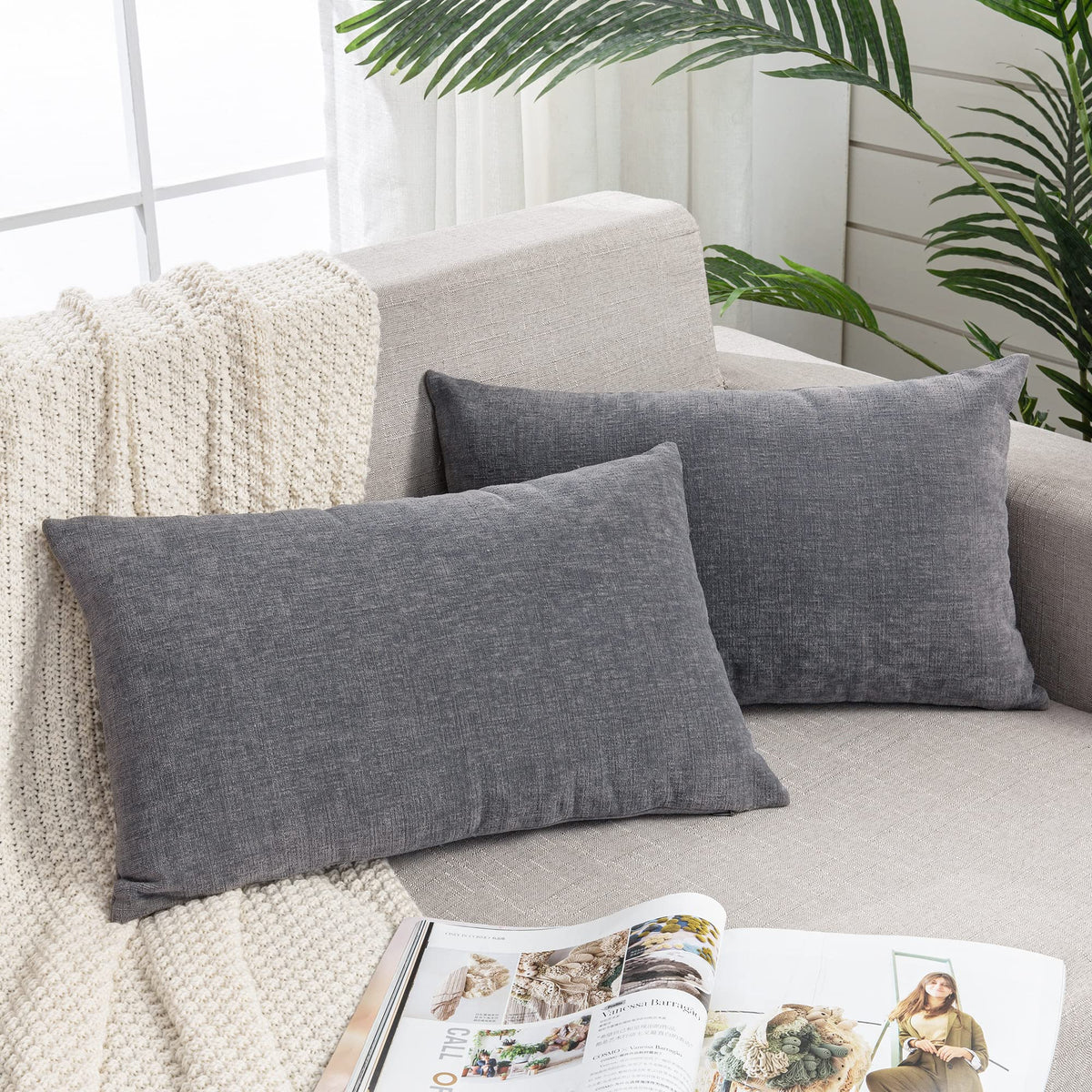 GAWAMAY Lumbar Support Pillow Decorative Rectangle Throw Pillow Covers 12"x20" Inch Set of 2, Soft Chenille Fall Pillowcase for Living Room Bedroom Sofa Couch Cushion Cover Grey 30x50cm (No Insert)