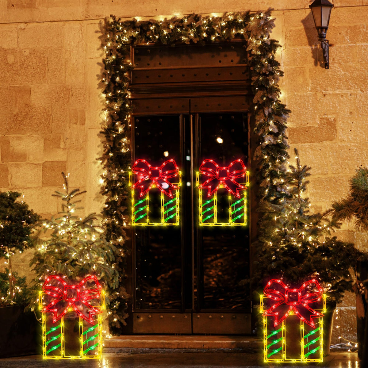 16" Christmas Window Silhouette Lights Decorations - 4 Pack Christmas Lighted Gift Boxes- Used for Holiday Christmas Trees, Wall, Fireplaces, Interior and Exterior Door and Window Decorations