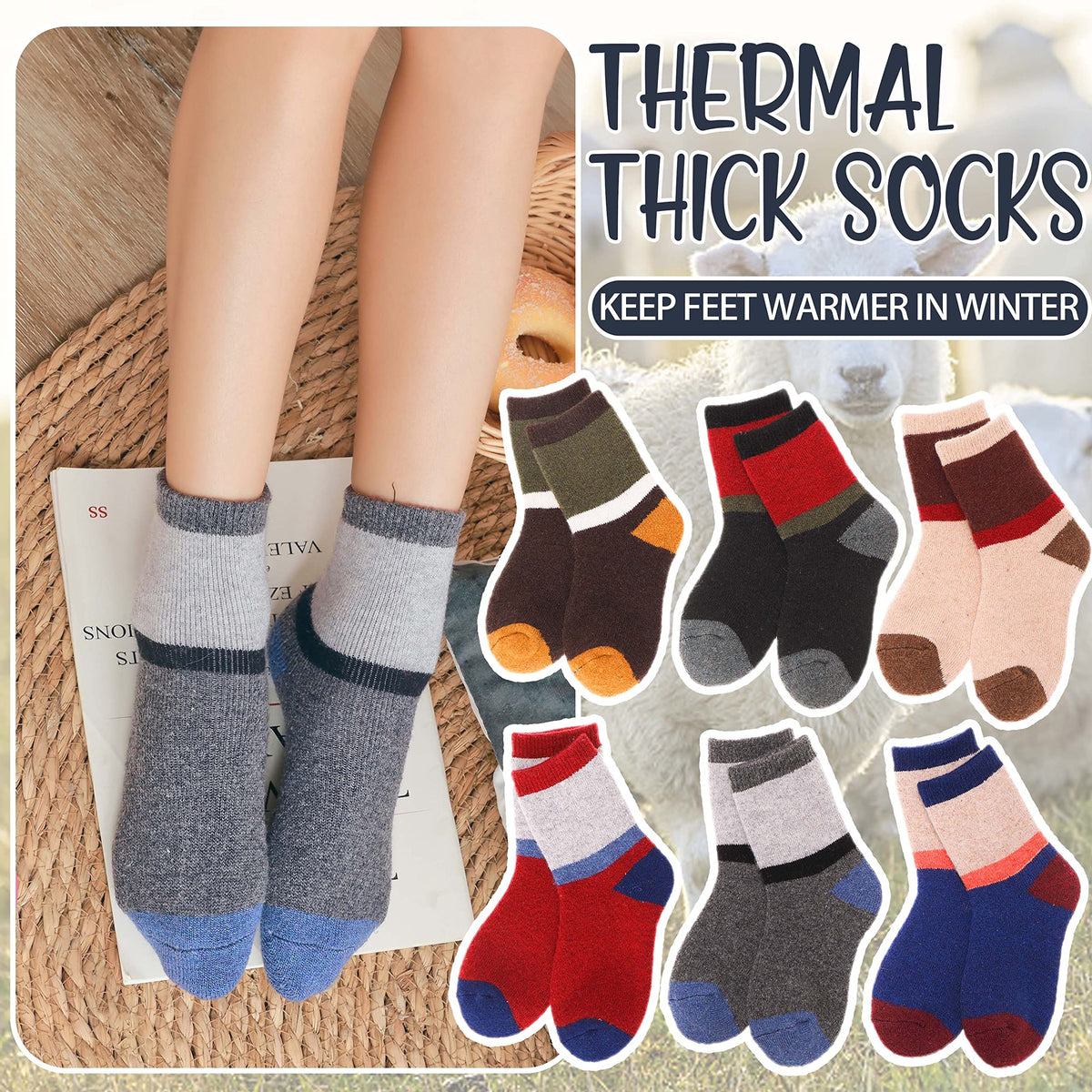 EBMORE Kids Merino Wool Socks for Toddlers Boys Girls Warm Thermal Winter Thick Hiking Heavy Cozy Crew Boot Socks 6 Pairs （Color Block,1-3 Y