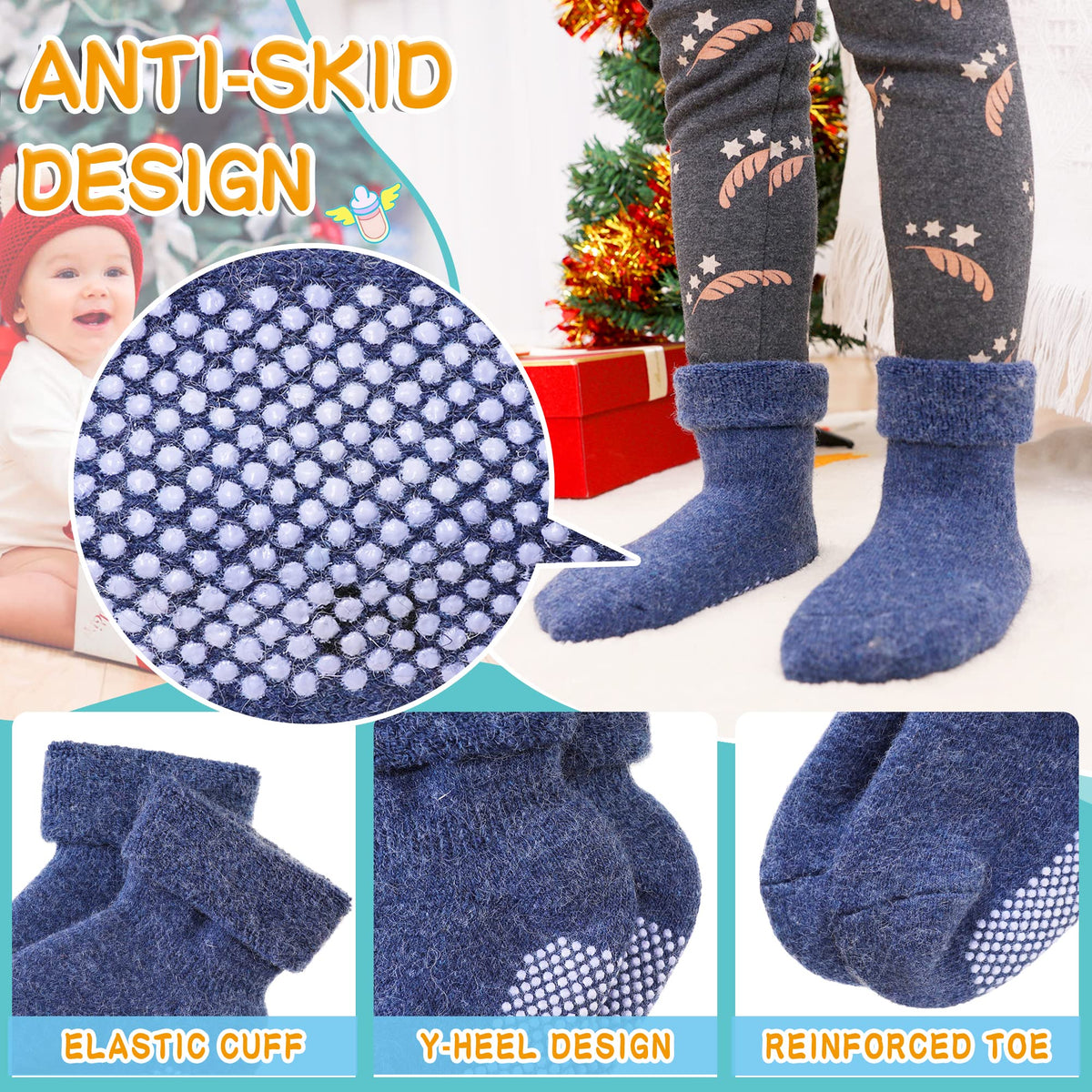 Eyean Baby Wool Grip Sock Soft Winter Warm Thick Non Slip Toddler Boy Girls Crew Socks For Children 6 Pairs (Solid Color, 1-3 Years)