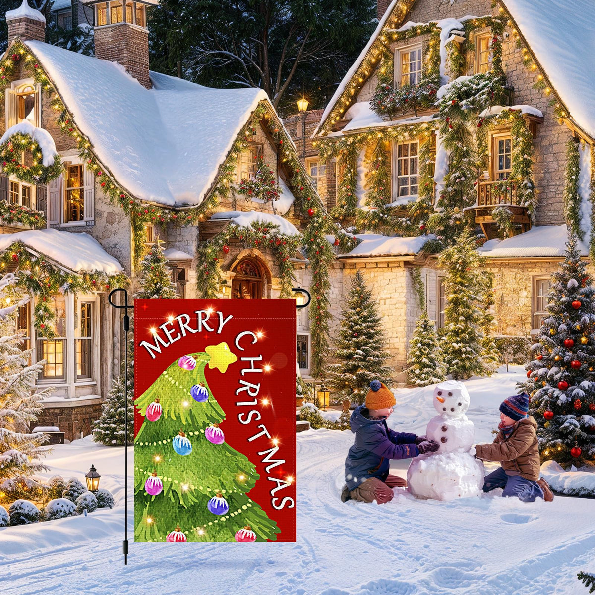3Pcs Winter Garden Flag Lighted Decorations Welcome Winter Snowman Garden Flag Sign with LED Double Sided Happy New Year 2025 Merry Christmas Lawn Flag Decor for Outdoor Holiday Favor Gifts Supplies