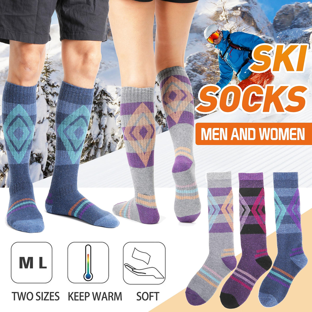 Welwoos Merino Wool Ski Socks for Womens Mens Thermal Winter Warm Thick Knee High Gift Sock Stocking Stuffers for Skiing Outdoor Sports Snowboarding 3 Pairs (Blue/Purple/Grey B,M)