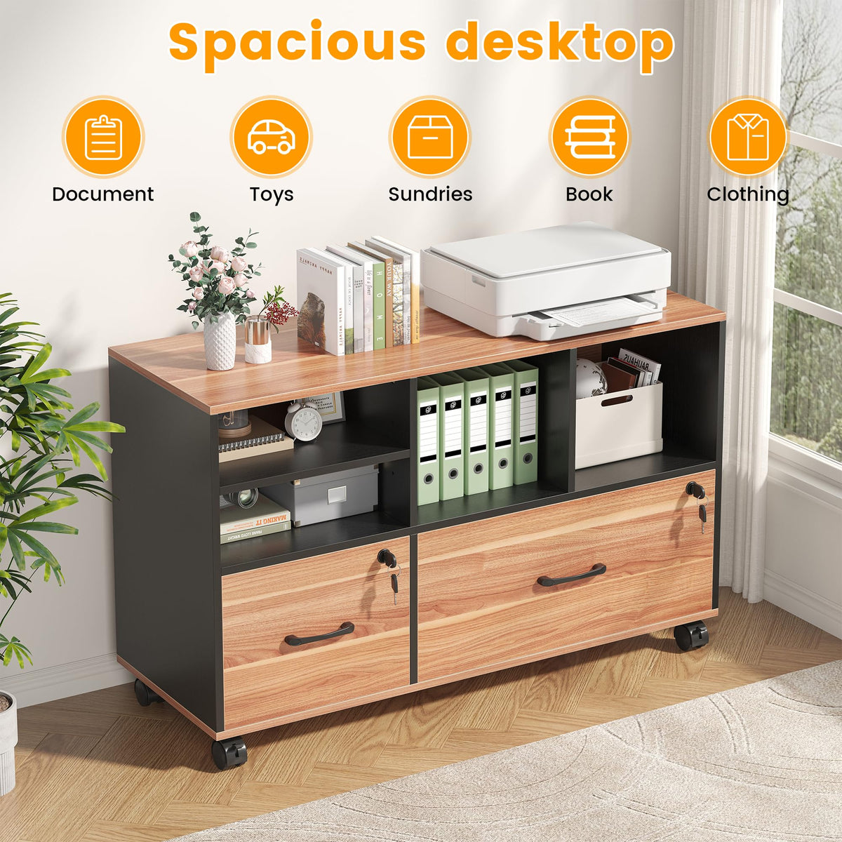 Nosepen 2 Drawer Wood Mobile Large Lateral File Cabinet with Lock, Lockable Rolling Filing Cabinet with Storage Shelves, Printer Stand Office Storage Cabinet for Home Office Fits Files Legal/A4