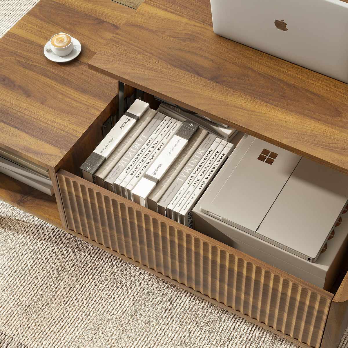 LYNCOHOME Fluted Coffee Table with Hidden Compartment, Wood Lift Top Coffee Tables, Modern Center Table for Living Room, Home Office（Walnut）