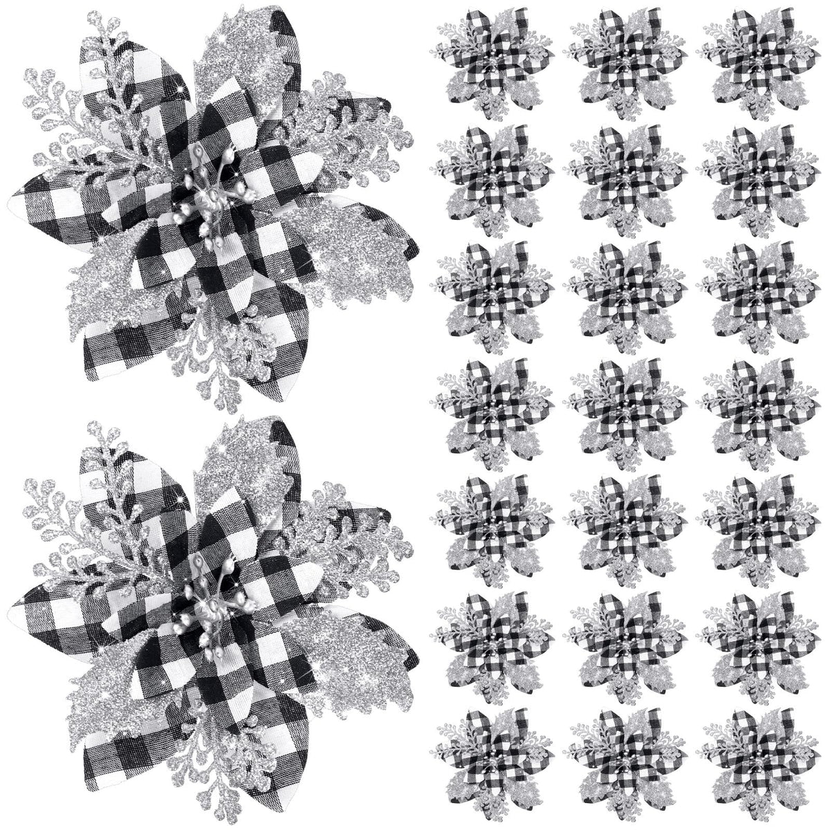 Canlierr 5.7 Inch Artificial Poinsettias Christmas Glitter Flowers with Clips Xmas Tree Flower Ornament Poinsettias Decor (Black and White Buffalo with Silver Petals,24 Pieces)