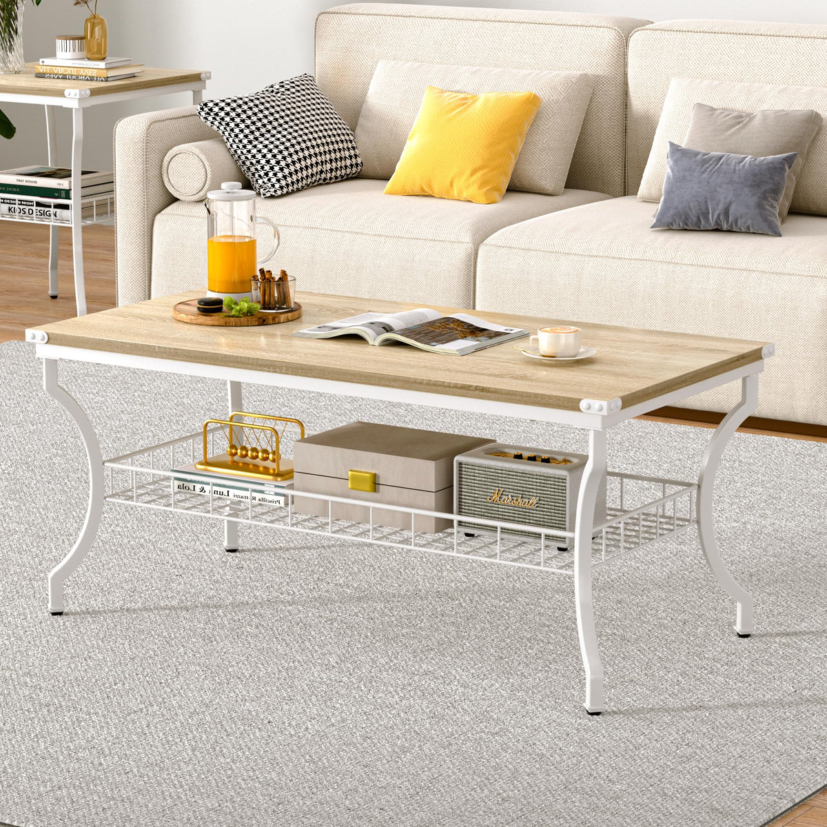 VECELO 3 Pieces Living Room Table Sets, Coffee and End Tables with Open Storage Shelves for Apartment, Home Office, Small Space, Easy Assembly, White Oak