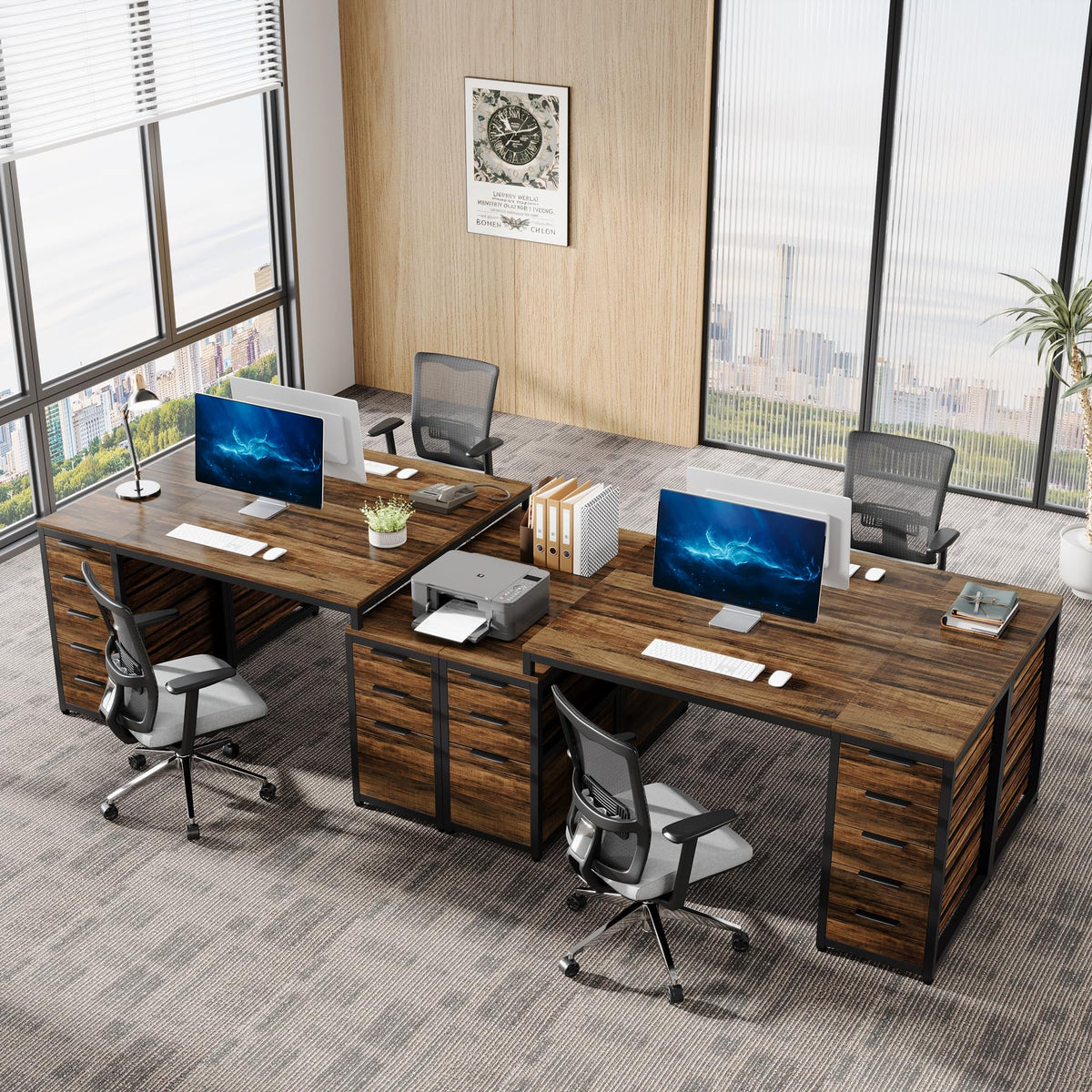 Tribesigns Computer Desk with 8 Drawers, 63" Office Desk with Reversible File Cabinet and Storage Drawers, Industrial PC Desk Study Writing Table Workstation for Home Office, Rustic Brown